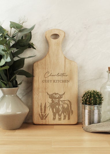 Personalised Memento Company Highland Cow Brown Paddle Chopping Board