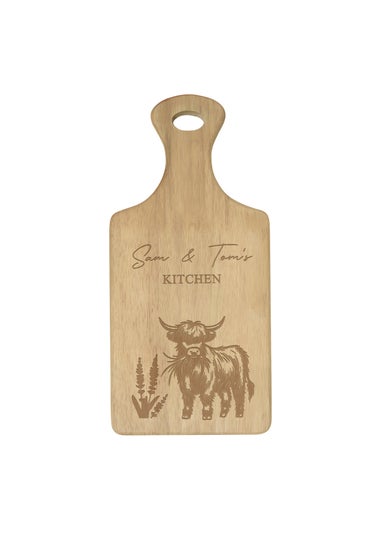 Personalised Memento Company Highland Cow Brown Paddle Chopping Board