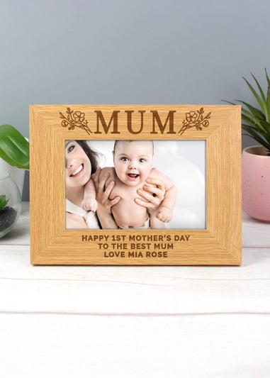 Personalised Memento Company Floral Mum 6x4 Brown Oak Finish Photo Frame