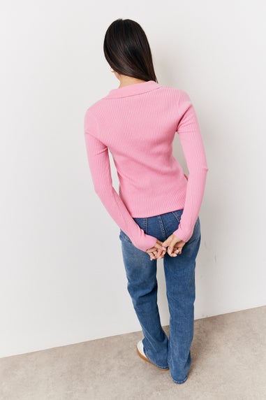 In The Style Pink Fine Gauge Knit Zip up Detail Top