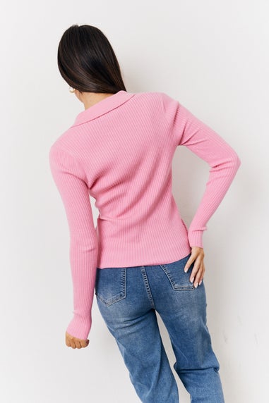 In The Style Pink Fine Gauge Knit Zip up Detail Top