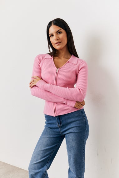 In The Style Pink Fine Gauge Knit Zip up Detail Top