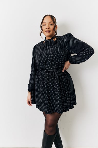 In The Style Black Polka Dot Mini Dress with Tie Neck