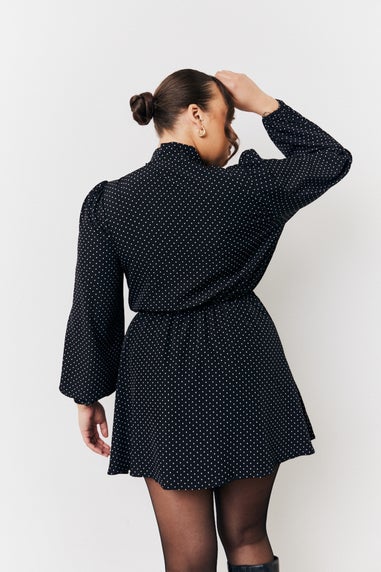 In The Style Black Polka Dot Mini Dress with Tie Neck