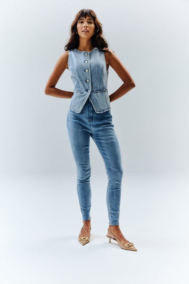 In The Style Blue Denim Crew Neck Waistcoat