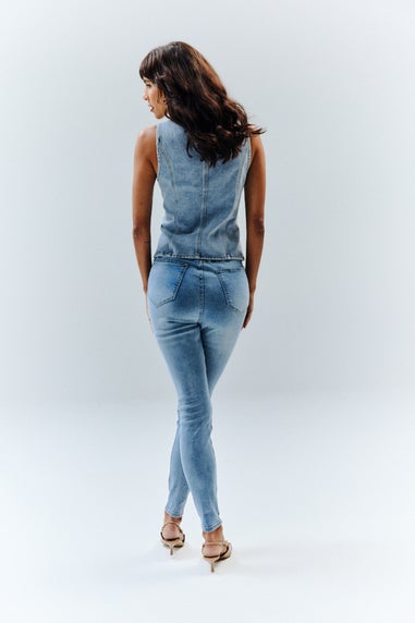 In The Style Blue Denim Crew Neck Waistcoat