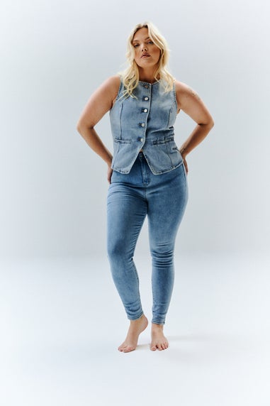 In The Style Blue Denim Crew Neck Waistcoat