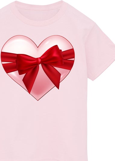 Brands In Valentine's Day Ribbon Wrapped Heart Kids Pink T-Shirt (3-13 Years)