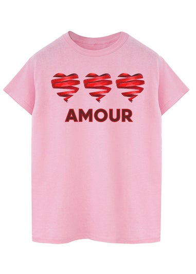 Brands In Valentine's Day Triple Ribbon Hearts Amour Adult Pink Boyfriend Fit T-Shirt