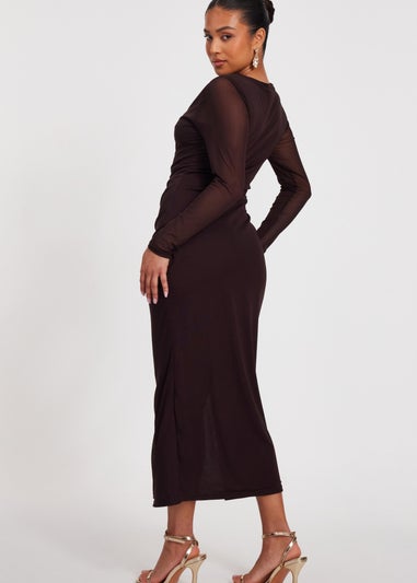 Quiz Brown Petite Mesh Long Sleeve Midaxi Dress