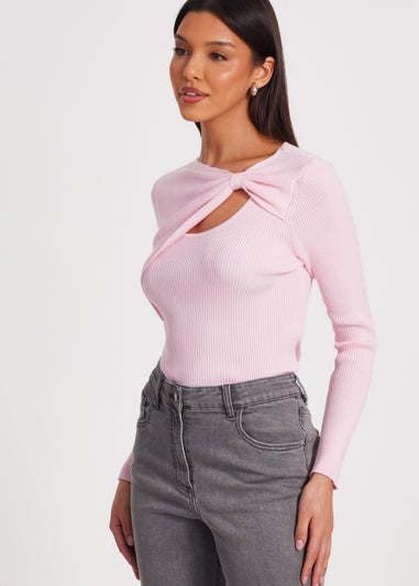 Quiz Pink Knitted Bow Detail Top