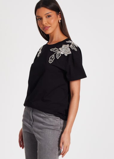 Quiz Black Floral Applique T-Shirt