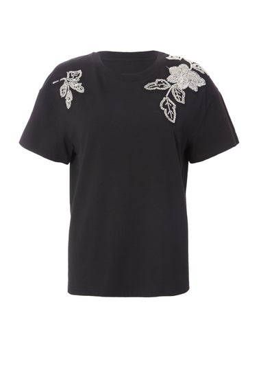 Quiz Black Floral Applique T-Shirt