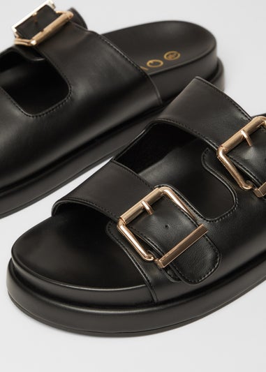 Quiz Black Faux Leather Flat Sandals
