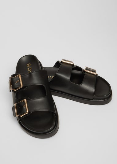 Quiz Black Faux Leather Flat Sandals