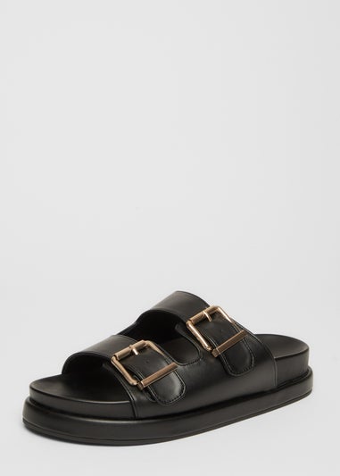 Quiz Black Faux Leather Flat Sandals