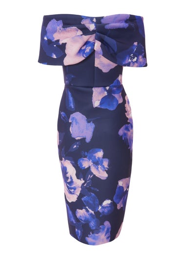 Quiz Navy Floral Bardot Midi Dress