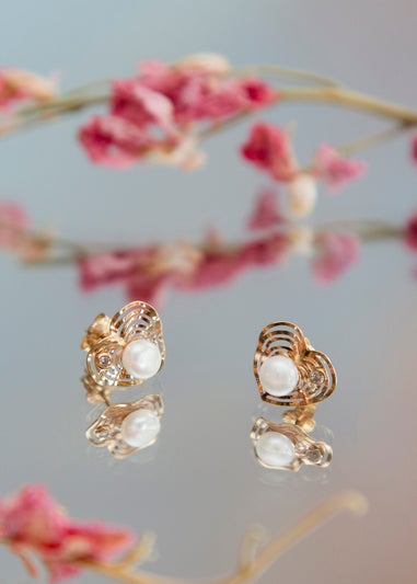 Golden Moments 9ct Yellow Gold Freshwater Pearl and CZ Heart Stud Earrings