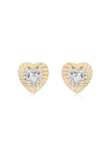 Golden Moments 9ct Yellow Gold CZ Diamond Cut Heart Stud Earrings