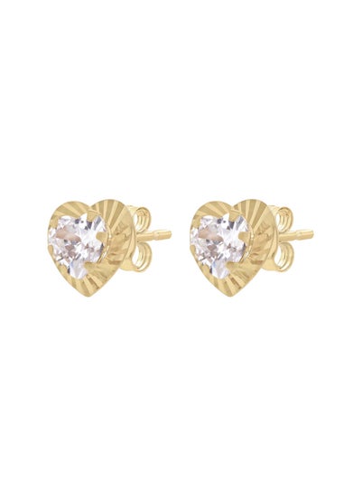 Golden Moments 9ct Yellow Gold CZ Diamond Cut Heart Stud Earrings