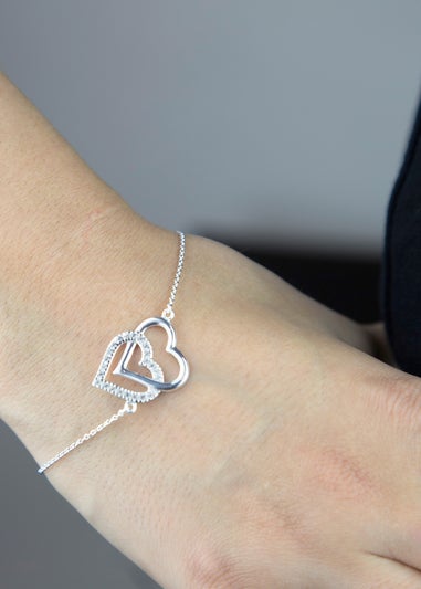 Golden Moments Sterling Silver CZ Double-Heart Adjustable Bracelet