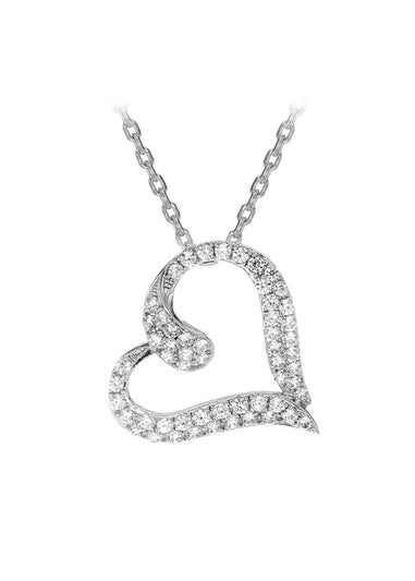 Golden Moments Rhodium Plated CZ Scroll Heart Pendant Adjustable Necklace