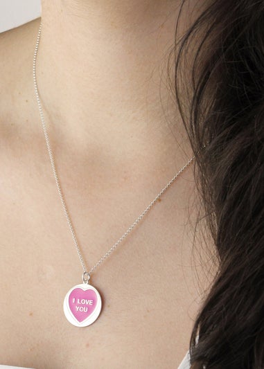 Golden Moments Sterling Silver 18mm 'I Love You' Pink Heart Disc Necklace