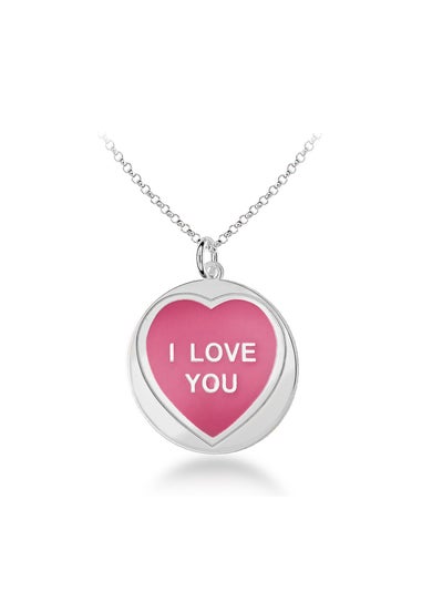Golden Moments Sterling Silver 18mm 'I Love You' Pink Heart Disc Necklace