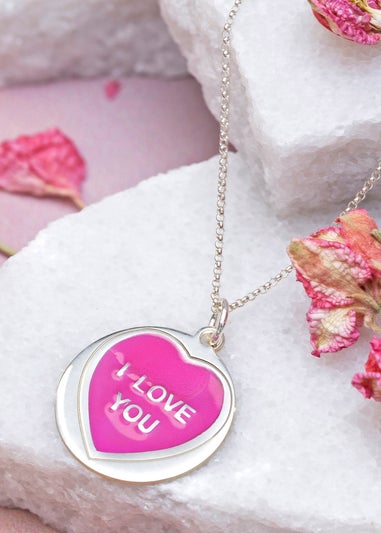 Golden Moments Sterling Silver 18mm 'I Love You' Pink Heart Disc Necklace