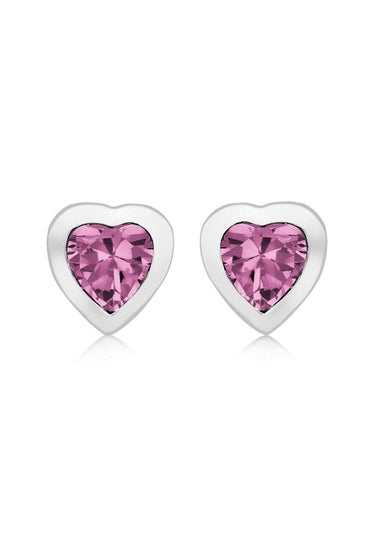 Golden Moments Sterling Silver Rhodium Plated Pink CZ Heart Stud Earrings