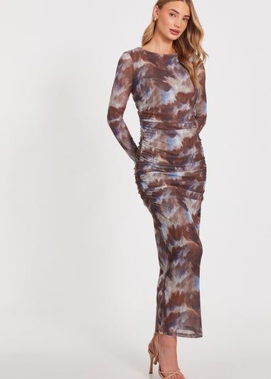 Quiz Brown Mesh Printed Midaxi Dress