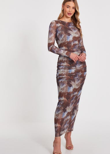 Quiz Brown Mesh Printed Midaxi Dress