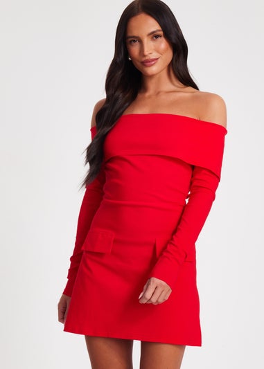 Quiz Red Bardot Long Sleeve Mini Dress