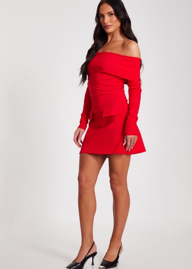 Quiz Red Bardot Long Sleeve Mini Dress