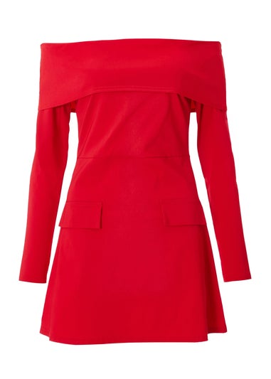 Quiz Red Bardot Long Sleeve Mini Dress