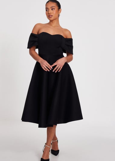 Quiz Black Petite Bardot Midi Skater Dress