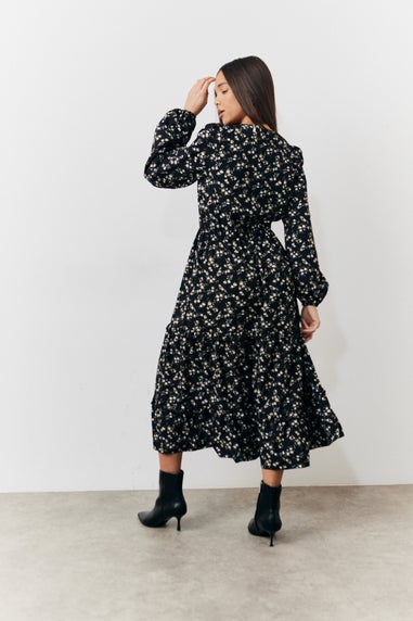 In The Style Black Ditsy Wrap Midi Dress