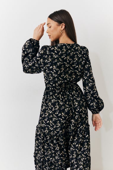 In The Style Black Ditsy Wrap Midi Dress