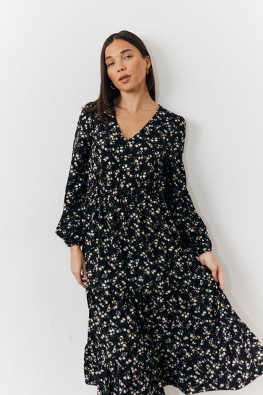 In The Style Black Ditsy Wrap Midi Dress