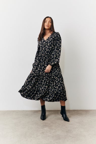 In The Style Black Ditsy Wrap Midi Dress