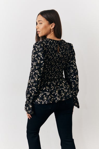 In The Style Black Floral Belted Shirred Bust Blouse