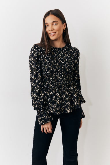 In The Style Black Floral Belted Shirred Bust Blouse