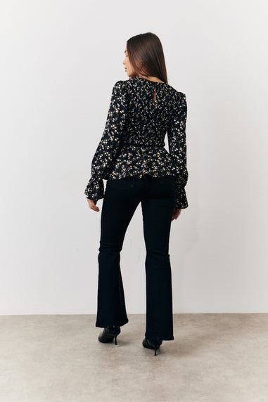 In The Style Black Floral Belted Shirred Bust Blouse