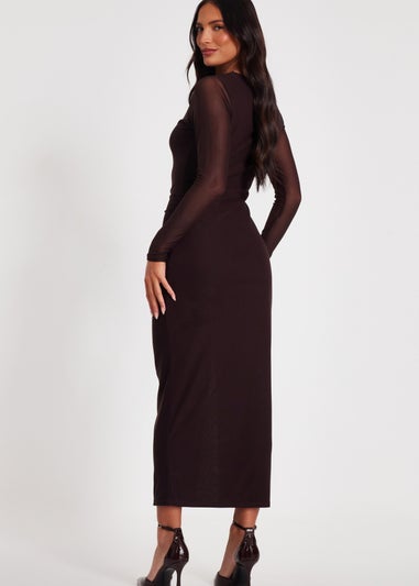 Quiz Brown Mesh Long Sleeve Midaxi Dress