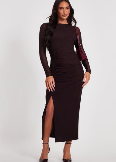 Quiz Brown Mesh Long Sleeve Midaxi Dress