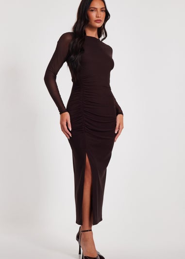 Quiz Brown Mesh Long Sleeve Midaxi Dress