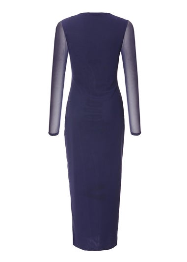 Quiz Navy Mesh Long Sleeve Midaxi Dress