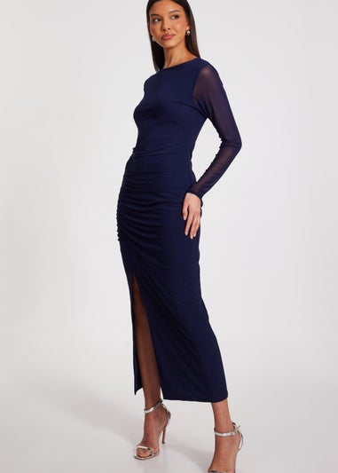 Quiz Navy Mesh Long Sleeve Midaxi Dress