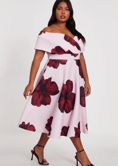 Quiz Pink Curve Floral Skater Dress