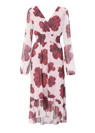 Quiz Pink Floral Dip Hem Midi Dress